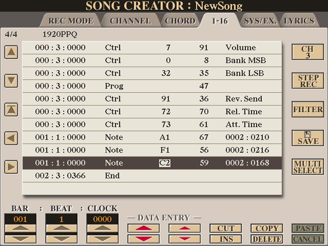 Song Creator 1-16 Tab showing Bank MSB, Bank LSB, and Prog.